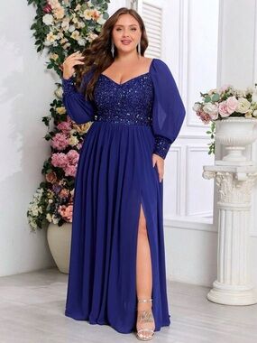 Plus-Size Navy Sequin & Chiffon Evening Gown
